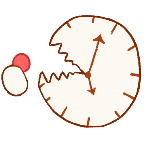 a drawing of a clock with sharp teeth putting a pink circle in its mouth.